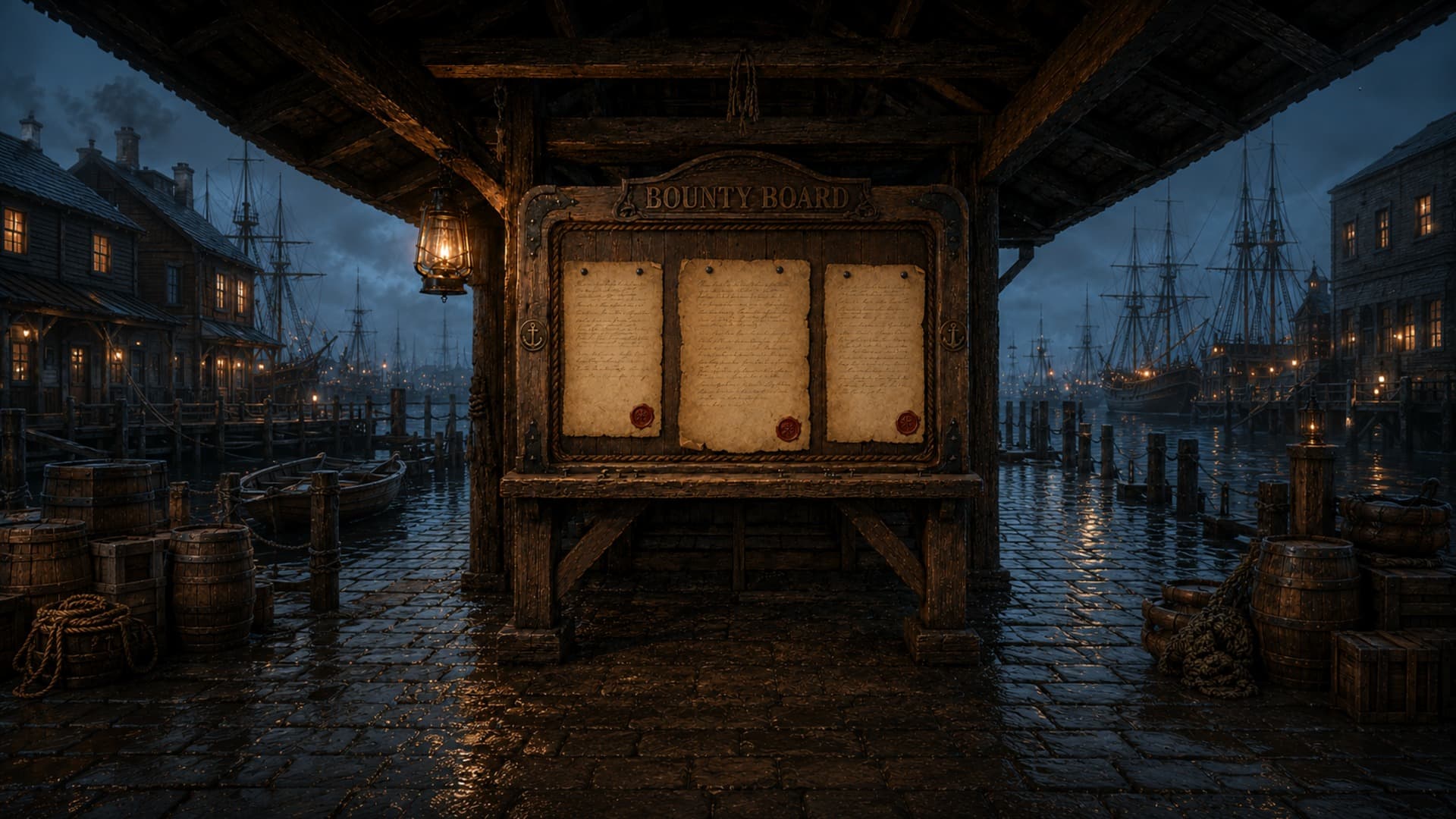 A weathered wooden bounty board at the shipyard docks
