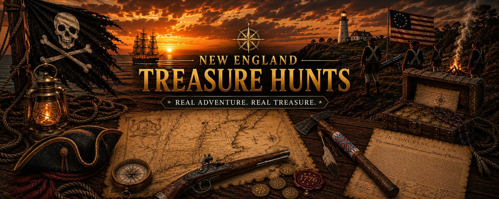New England Treasure Hunts — real adventure, real treasure. A pirate ship, a lighthouse, a map of the New England coast, and colonial-era relics at sunset