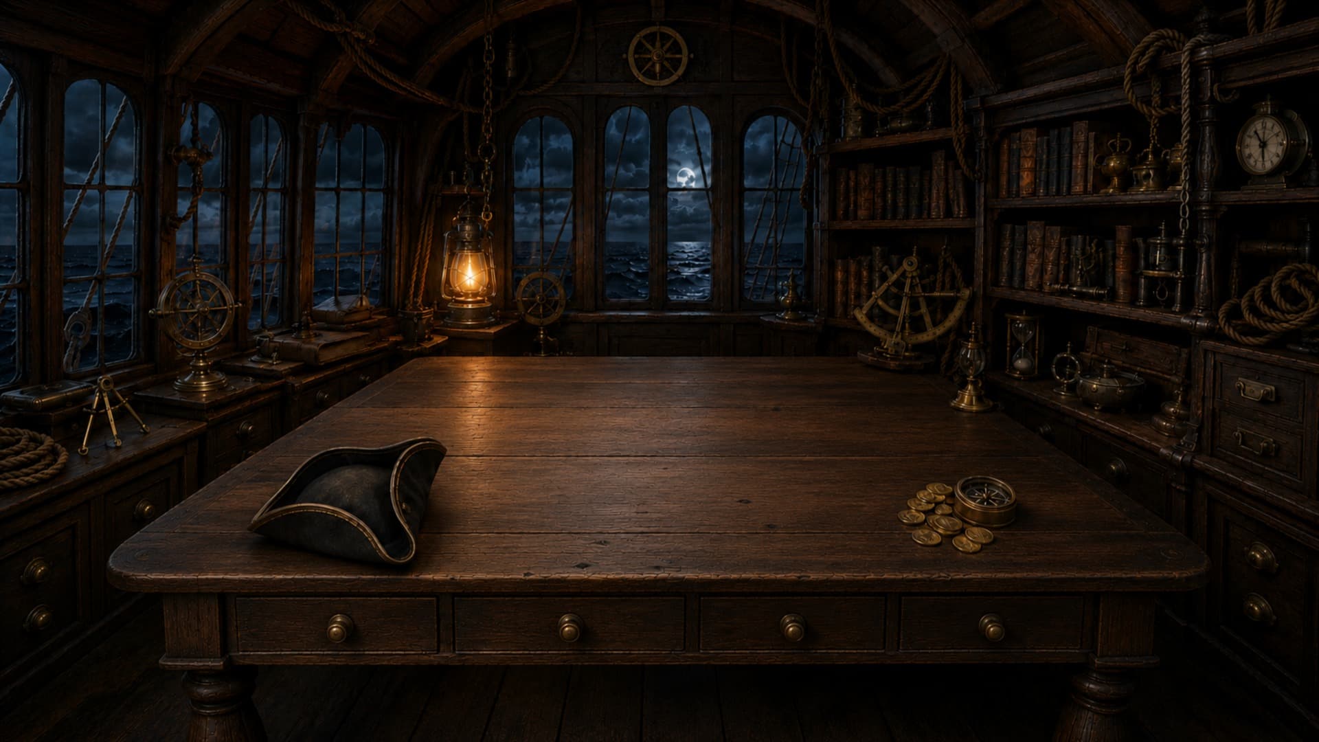 A captain's quarters table by moonlit windows, with a map, hat, coins, and compass