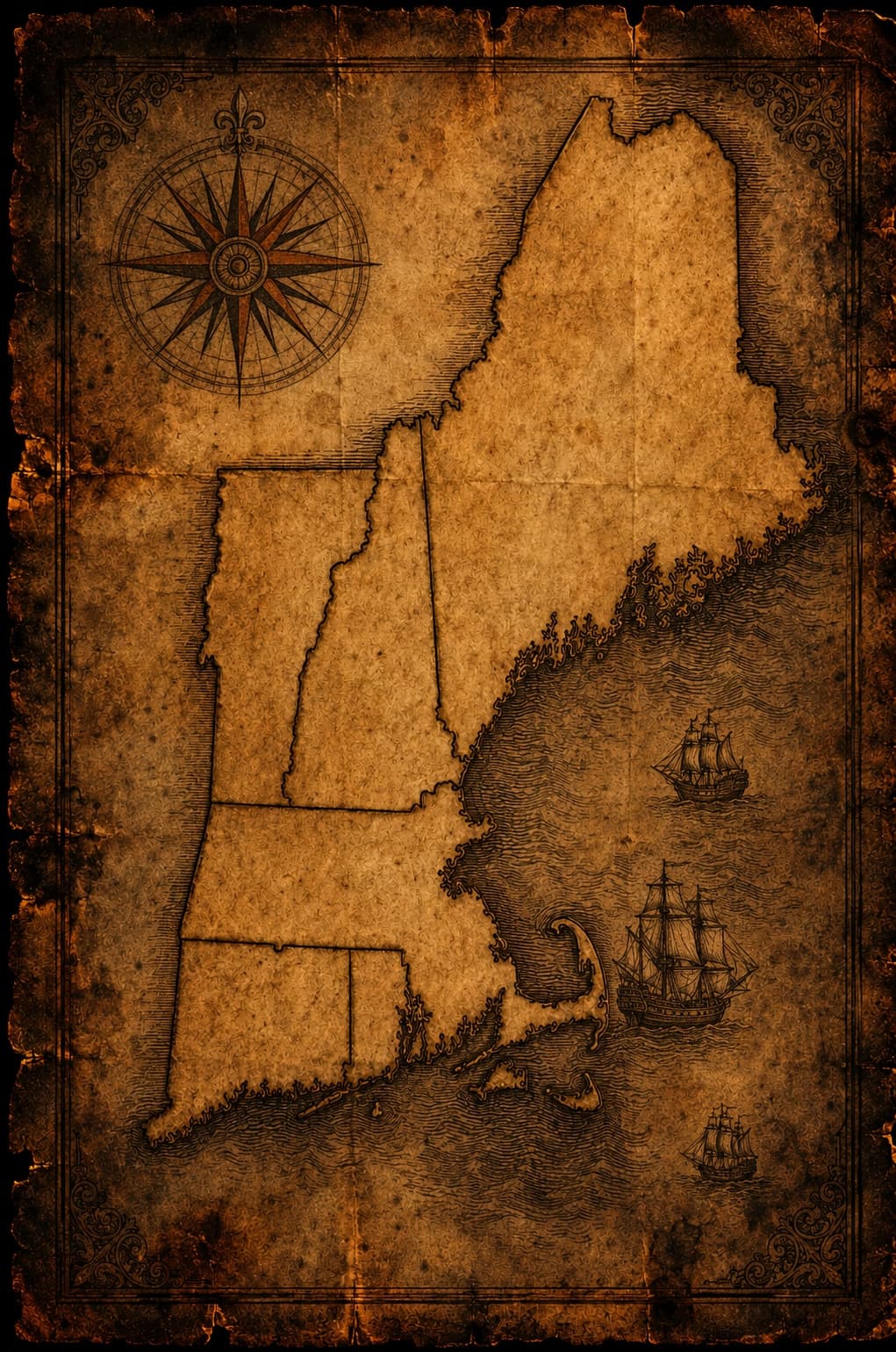 An aged illustrated map of New England