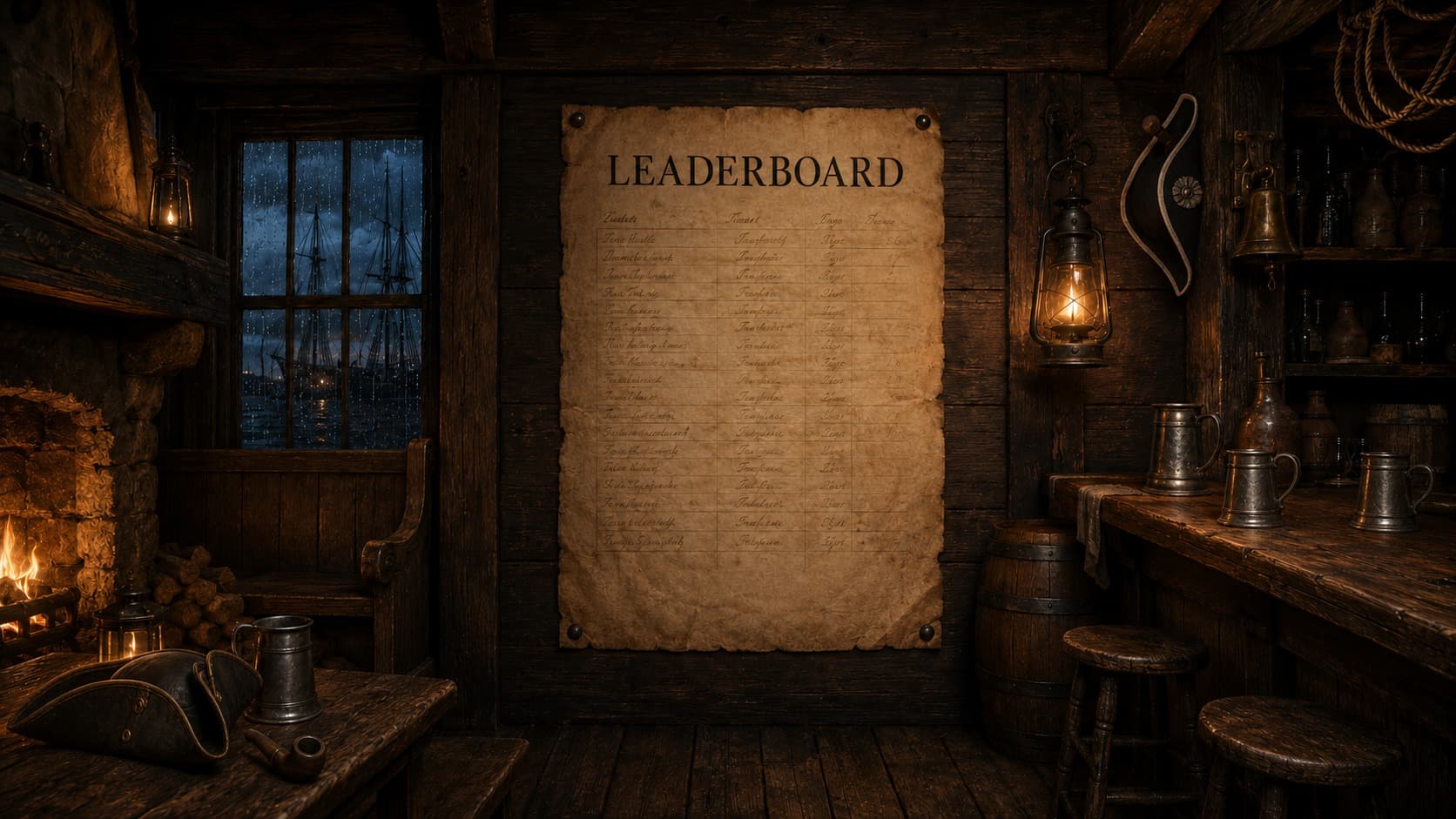 A tavern wall with a posted leaderboard of top treasure hunters